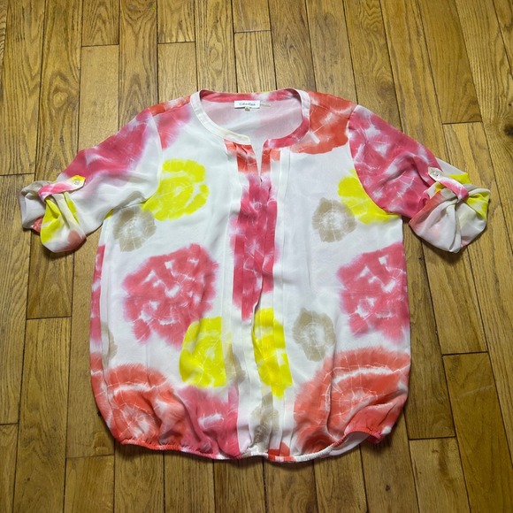 Calvin Klein Tops - Calvin Klein Pink Yellow Tie Dye Bubble Hem Roll Tab Blouse XL